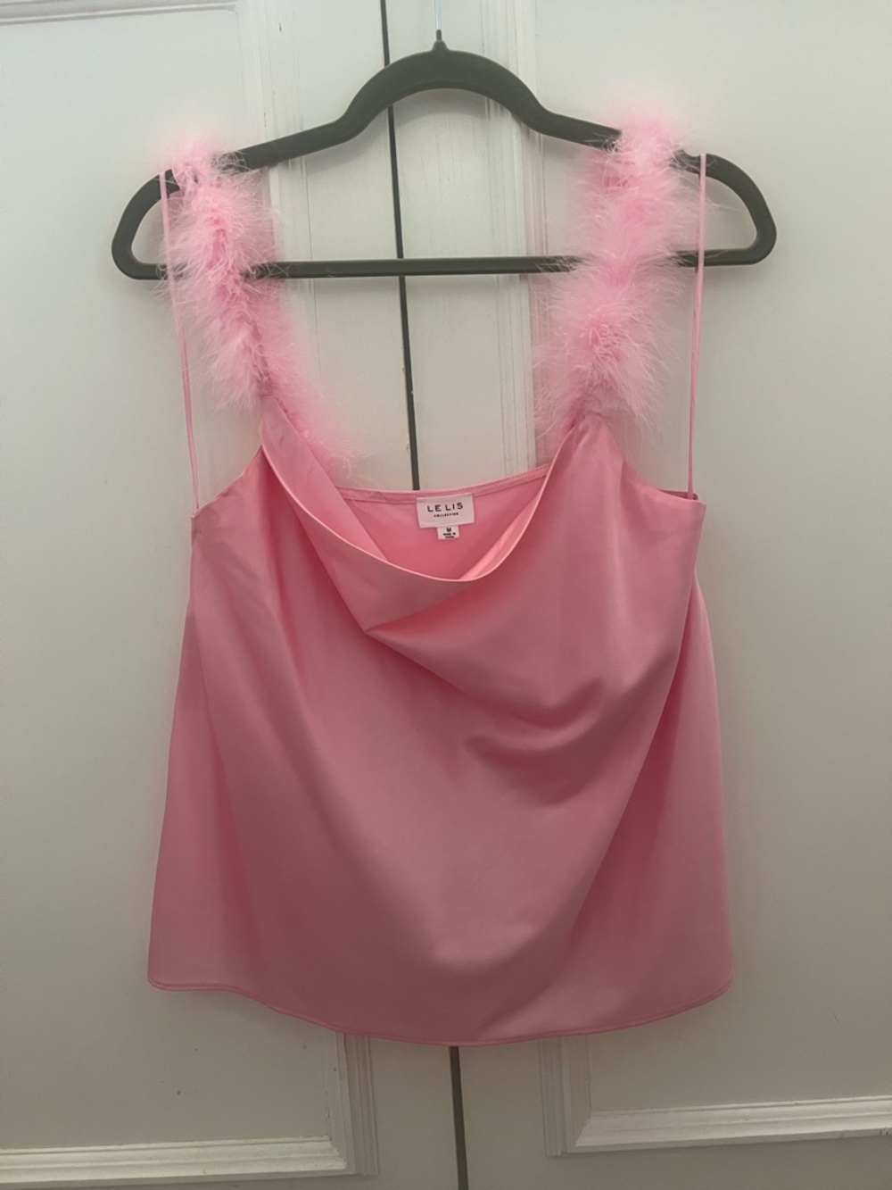 Le Lis Pink Satin Cowl Neck Camisole with Feather Straps